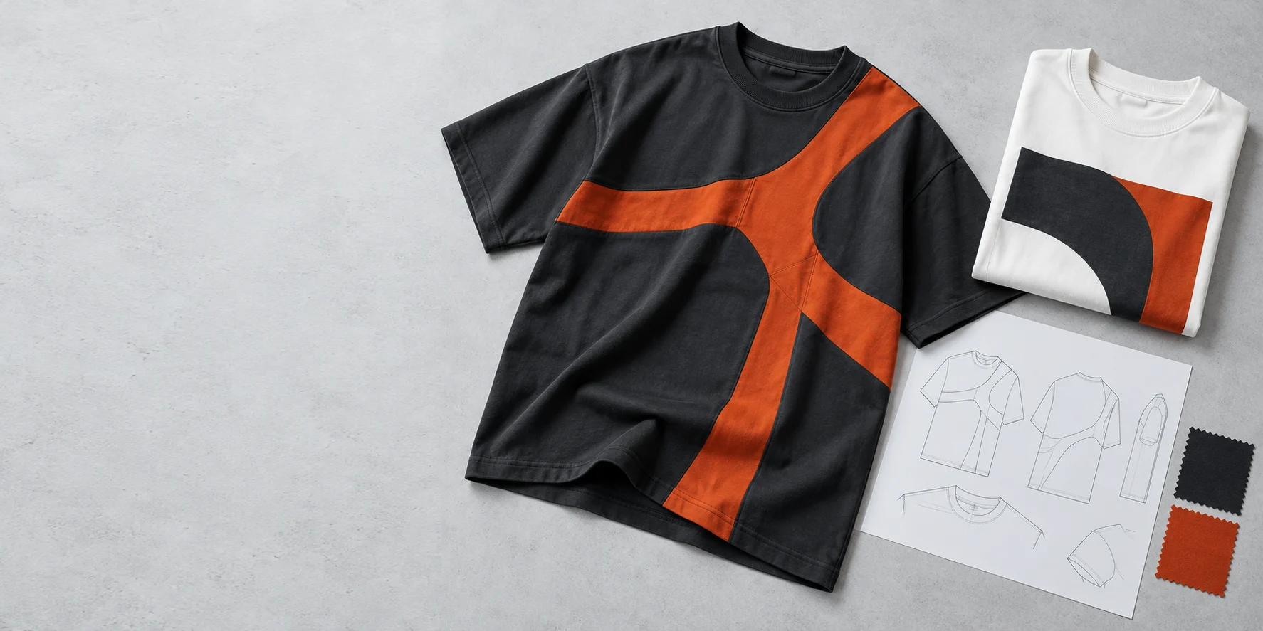 Illustrative charcoal and orange apparel design with garment sketches and color swatches